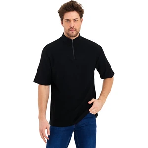 Jakarlı Fermuarlı Hakim Yaka Kısa Kol Oversize Erkek T-Shirt