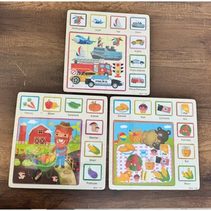 3 Adet Ahşap Puzzle Bultak-Hayvanlar,meyveler,uçak,helikopter,ekmek Eşleştirme Yapboz Çocuk Puzzle