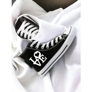 Unisex Günlük Keten Rahat Bilekli Siyah Uzun Convers Love Baskılı Sneaker Spor Ayakkabı