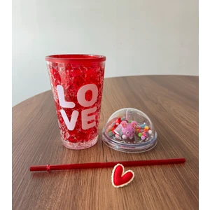 Ayıcıklı-Kalpli-Love-Simli Pullu Kapaklı Çift Cidarlı-Pipetli Bardak-Kupa,içecek Eğlenceli