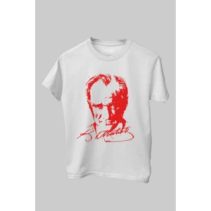 %100 Pamuk Standart Kesim Sıfır Yaka Kısa Kollu Kırmızı Atatürk Baskılı Beyaz 23 Nisan Çocuk Tişört
