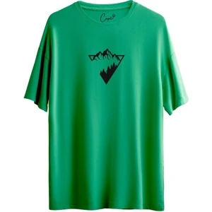 Pamuklu Triangle Nature Baskılı Haki Oversize Tişört