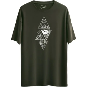Pamuklu 4 Triangle Nature Baskılı Haki Oversize Tişört