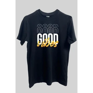 Pamuk Standart Kesim Sıfır Yaka Kısa Kollu Good Vibes Baskılı Siyah Tişört