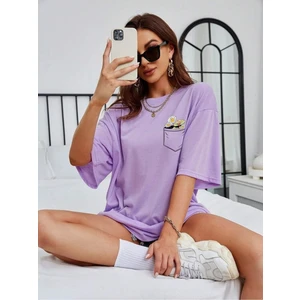 Kadın Cep Çiçek Baskılı Bisiklet Yaka Salaş Oversize Boyfriend Kırmızı, Saks, Lila T-Shirt