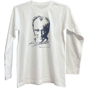 Standart Kesim Sıfır Yaka Uzun Kollu Siyah Atatürk Baskılı Beyaz 23 Nisan Çocuk T-Shirt