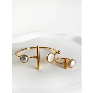 Özel Tasarım Altın Kaplama El Yapımı Incili Ayarlanabilir Kelepçe Bileklik ve Yüzük Seti