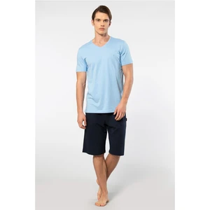 2193 Erkek Kısa Kollu V Yaka Şortlu Pijama Takımı-Mavi