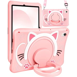 M.TK Moveteck Apple İpad 11.Nesil A16 2025/10. Nesil 2022 Uyumlu Kılıf Kedi Askılı Standlı Çocuklar Için Karakterli Pink