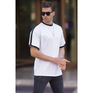 Erkek Beyaz Oversize Şerit Detaylı Basic Tişört 7023