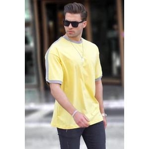 Erkek Sarı Oversize Şerit Detaylı Basic Tişört 7023