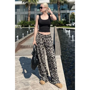 Krem Ayarlanabilir Bel Leopar Desenli Bol Paça Pantolon MG2095