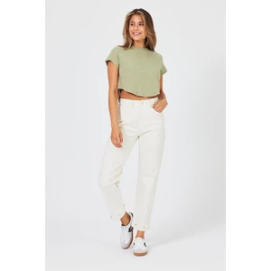 Kadın Milano Fildişi Paçası Kuşaklı Mom Fit Jean Pantolon