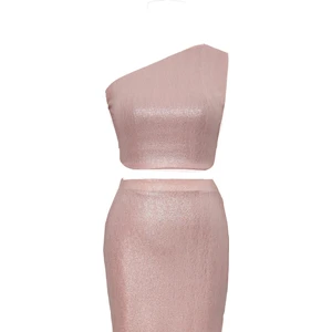 Due Stelle Kadın Tek Omuz Crop Bluz Parlak Pudra