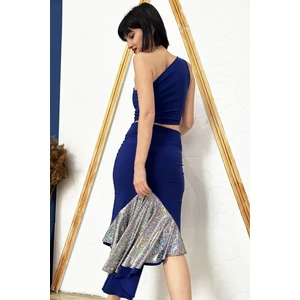 Due Stelle Kadın Tek Omuz Crop Bluz Mavi