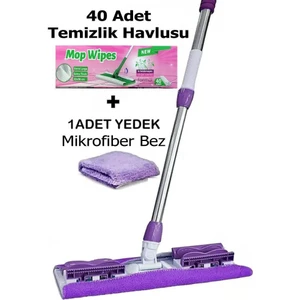 40 Adet Süper Islak Havlu Hediyeli Yer Cam Silme Mopu Mikrofiber Yedek Bezli Yer Duvar Fayans Silme