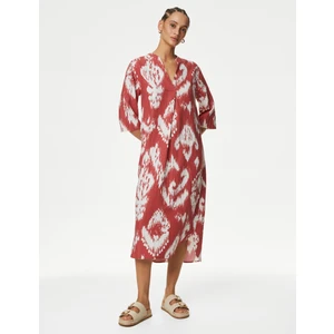 Marks & Spencer V Yaka Desenli Maxi Keten Elbise
