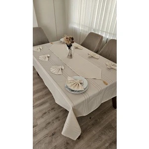 Zesa Home Colber Çizgi Detaylı Masa Örtüsü Cappucino 12 Kişilik 26 Parça - Masa 160X220...160X400