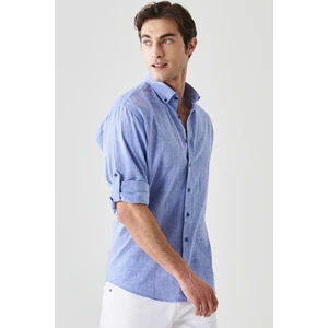 Altınyıldız Classics Erkek Saks Mavi Comfort Fit Rahat Kesim Düğmeli Yaka Casual Keten Gömlek