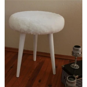 Gürgen Ahşap Retro Ayak Dekoratif Beyaz Peluş Puf Tabure Bench Koltuk Sandalye