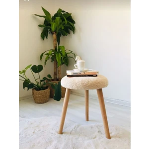 Gürgen Ahşap Retro Ayak Dekoratif krem Peluş Puf Tabure Bench Koltuk Sandalye