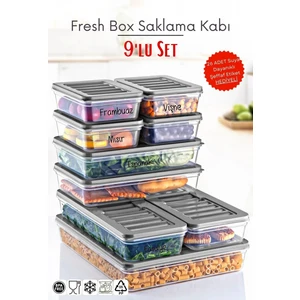 Boz House 9'lu Set Etiketli Freshbox Mikrodalga ve Difrize Uygun Saklama Kabı Gri