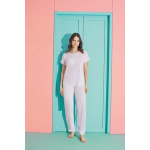 Polyviskon Yuvarlak Yaka Kısa Kol Pudra Pijama Takımı 7310