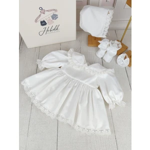 Kız Bebek Bebe Yaka Kırık Beyaz Güpür Dantel Saten Elbise Set