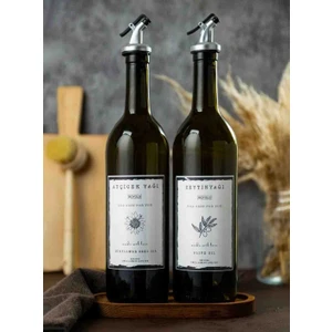 Büyülü Home Ahşap Stantlı 2 Li 750 ml Zeytinyağı Ayçiçek Yağı Sisesi Yağlık Yağdanlık