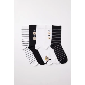 5'li Teddy Baskılı Çizgili Soket Çorap