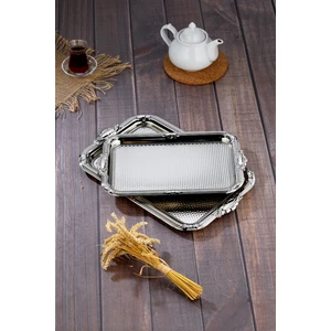 Metal Lüks Dikdörtgen 2 Li Metal Gümüş Renk Sunum Tepsi Seti