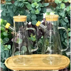 Büyülü Home Bambu Vakum Kapaklı Ahşap Stantlı 900 ml 2 Li  Yağdanlık