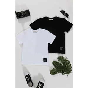 For You Kids 2'li Etiket Detaylı Cizgili Siyah Beyaz T-Shirt