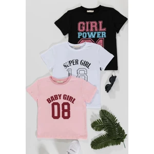 For You Kids 3'lü Girl Baskılı Siyah Beyaz Pembe Tsihrt