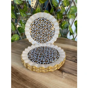 Gürcü Glass 20 cm Leopar Desenli Altın Renkli 6'lı Cam Pasta Tabağı Seti – Şık Sunumlar İçin