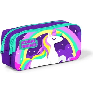 Coral High Kids Mor Unicorn Desenli İki Bölmeli Hafif Polyester Kalem Çantası – Okul ve Ofis Kullanımına Uygun