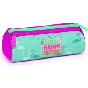 Coral High Kids Üç Bölmeli Kalem Kutusu Su Yeşili Neon Pembe Flamingo Desenli 22315