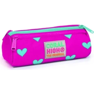 Coral High Kids Üç Bölmeli Kalem Kutusu Neon Pembe Su Yeşili Kalp Desenli 22317