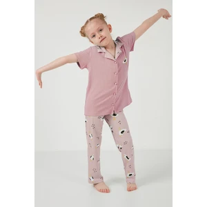 Baskılı Beli Lastikli Gömlek Yaka Kısa Kollu Pijama Takımı Kız Çocuk Pijama Takımı 6576001
