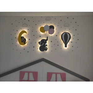 Arser Group Çocuk Odası Dekoratif Ahşap Filli Ay Balonlar ve Fil Gece Lambası Ledli Aydınlatma
