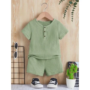 Unisex Bebek&çocuk %100 Pamuklu Düğmeli Müslin Alt Üst Şort Takım-Yeşil