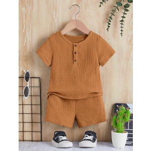 Unisex Bebek&çocuk %100 Pamuklu Düğmeli Müslin Alt Üst Şort Takım-Tarçın