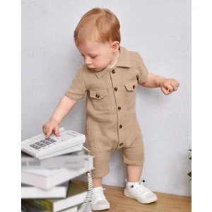 Unisex Bebek&çocuk  Pamuklu Tahta Düğmeli Cepli Müslin Tulum-Bej