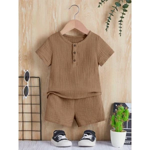 Unisex Bebek&çocuk %100 Pamuklu Düğmeli Müslin Alt Üst Şort Takım-Kahverengi