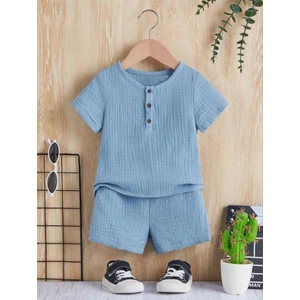 Unisex Bebek&çocuk %100 Pamuklu Düğmeli Müslin Alt Üst Şort Takım-Mavi