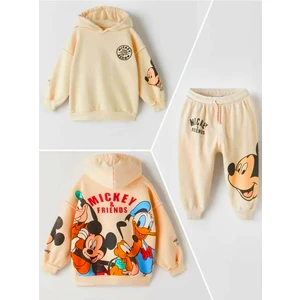 Mickey Mouse Görselli Kapüşonlu Bebek Çocuk Alt Üst Takım-Bej