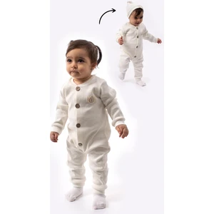 Tahta Düğme Görselli Şapkalı Şık Bebek Tulum-Beyaz