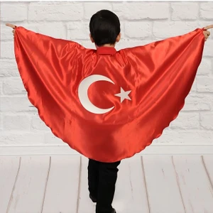 Türk Bayrağı Pelerin Gösteri Kostümü Kız-Erkek Ay Yıldız Bayraklı 23 Nisan 2-6 Yaş (M),7-12 Yaş (L)