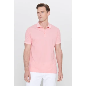 AC&Co / Altınyıldız Classics Erkek Çekmeyen Pamuklu Kumaş Slim Fit Dar Kesim Pembe-Beyaz Kıvrılmaz Polo Yaka Tişört