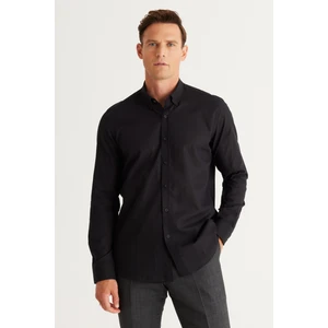 Altınyıldız Classics Erkek Siyah Slim Fit Dar Kesim Düğmeli Yaka Keten Görünümlü %100 Pamuk Flamlı Gömlek